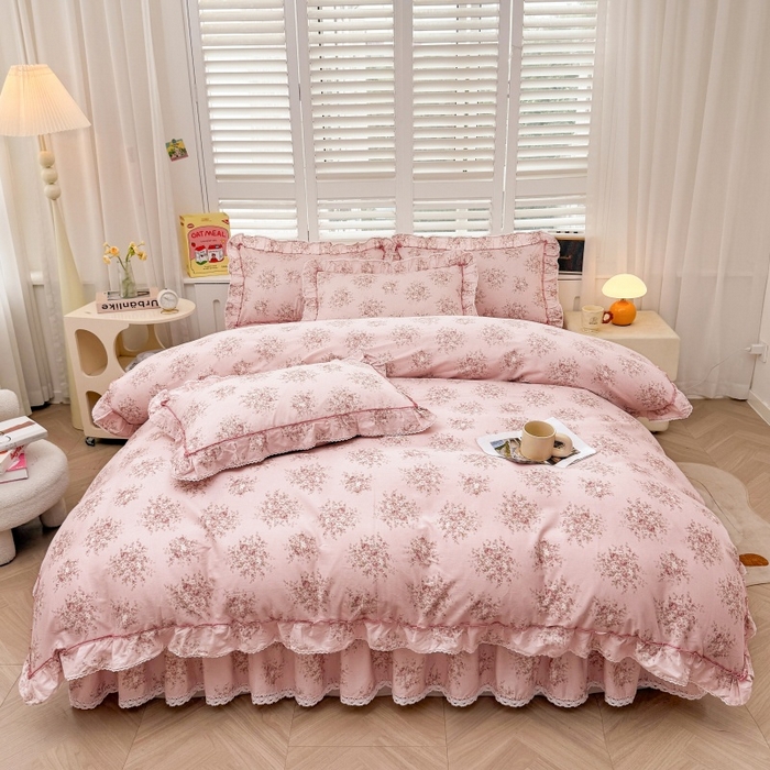 91家纺网 家纺一手货源 找家纺 （总）缦彩 2025新款韩版公主风100%纯棉床裙四件套全棉花边床单床罩套件