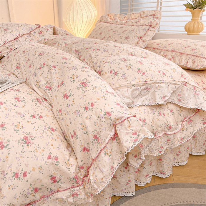 91家纺网 家纺一手货源 找家纺 缦彩 2025新款韩版公主风100%纯棉床裙四件套全棉花边床单床罩套件 雾岛听风