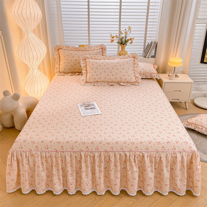 91家纺网 家纺一手货源 找家纺 缦彩 2025新款韩版公主风100%纯棉床裙四件套全棉花边床单床罩套件 沫沫小姐桔