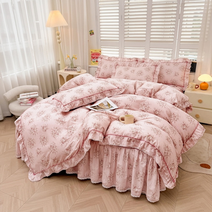 91家纺网 家纺一手货源 找家纺 缦彩 2025新款韩版公主风100%纯棉床裙四件套全棉花边床单床罩套件 清韵-粉