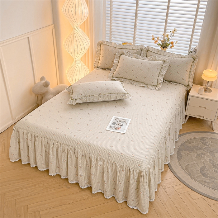 91家纺网 家纺一手货源 找家纺 缦彩 2025新款韩版公主风100%纯棉床裙四件套全棉花边床单床罩套件 苏语绿