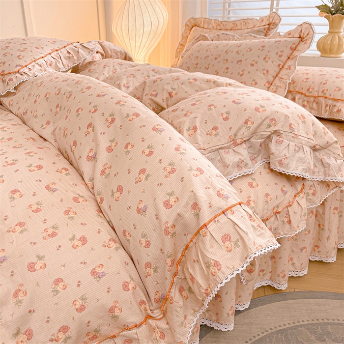 91家纺网 家纺一手货源 找家纺 缦彩 2025新款韩版公主风100%纯棉床裙四件套全棉花边床单床罩套件 沫沫小姐桔