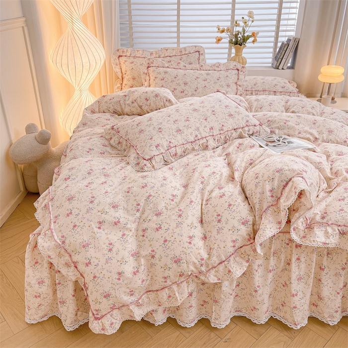 91家纺网 家纺一手货源 找家纺 缦彩 2025新款韩版公主风100%纯棉床裙四件套全棉花边床单床罩套件 雾岛听风