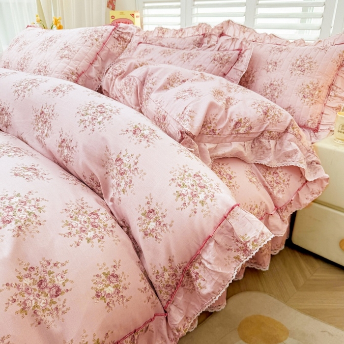 91家纺网 家纺一手货源 找家纺 缦彩 2025新款韩版公主风100%纯棉床裙四件套全棉花边床单床罩套件 清韵-粉
