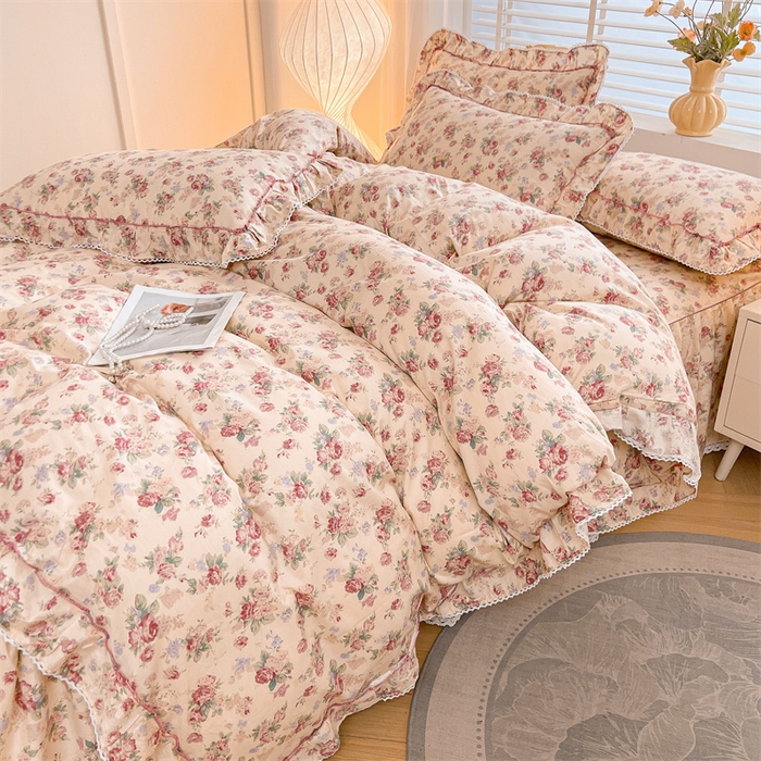 91家纺网 家纺一手货源 找家纺 缦彩 2025新款韩版公主风100%纯棉床裙四件套全棉花边床单床罩套件 蒂芙尼