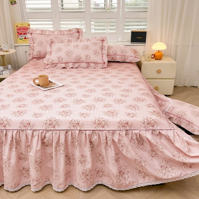 91家纺网 家纺一手货源 找家纺 缦彩 2025新款韩版公主风100%纯棉床裙四件套全棉花边床单床罩套件 清韵-粉