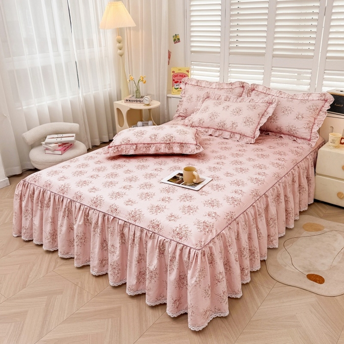 91家纺网 家纺一手货源 找家纺 缦彩 2025新款韩版公主风100%纯棉床裙四件套全棉花边床单床罩套件 清韵-粉