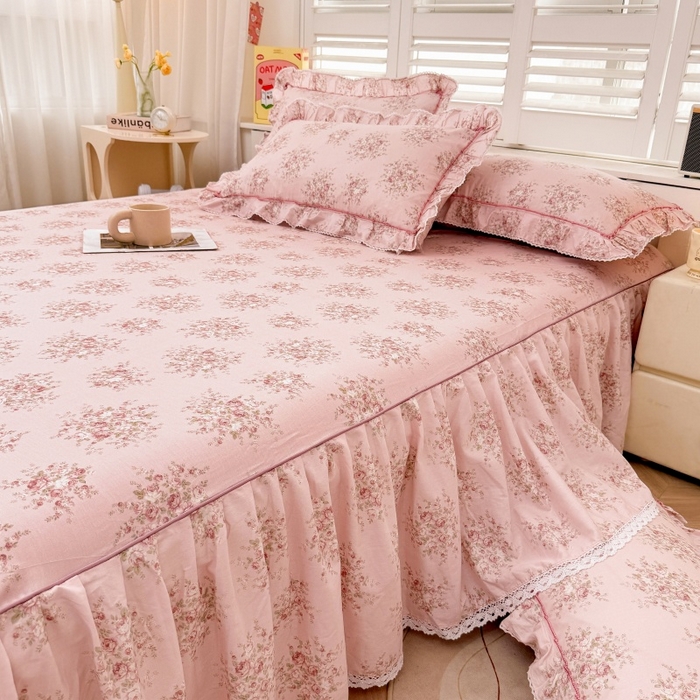 91家纺网 家纺一手货源 找家纺 缦彩 2025新款韩版公主风100%纯棉床裙四件套全棉花边床单床罩套件 清韵-粉