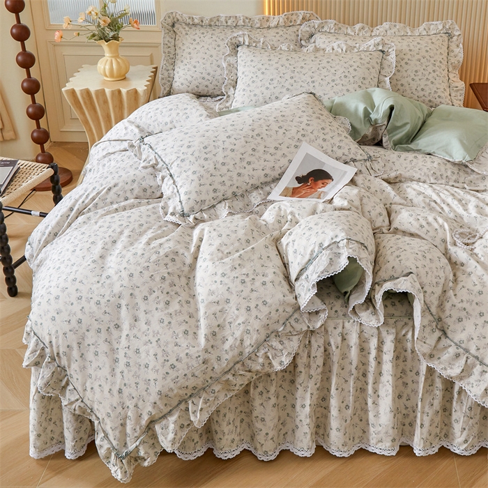 91家纺网 家纺一手货源 找家纺 缦彩 2025新款韩版公主风100%纯棉床裙四件套全棉花边床单床罩套件 春野