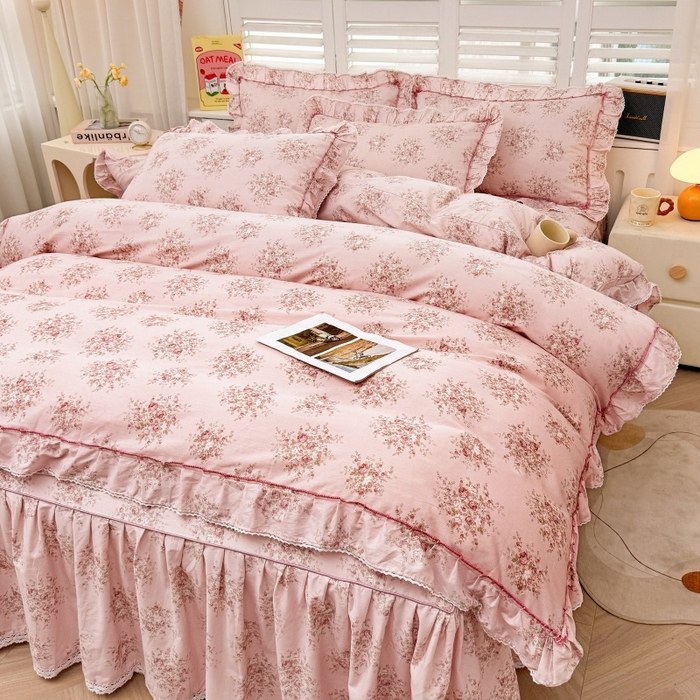91家纺网 家纺一手货源 找家纺 缦彩 2025新款韩版公主风100%纯棉床裙四件套全棉花边床单床罩套件 清韵-粉