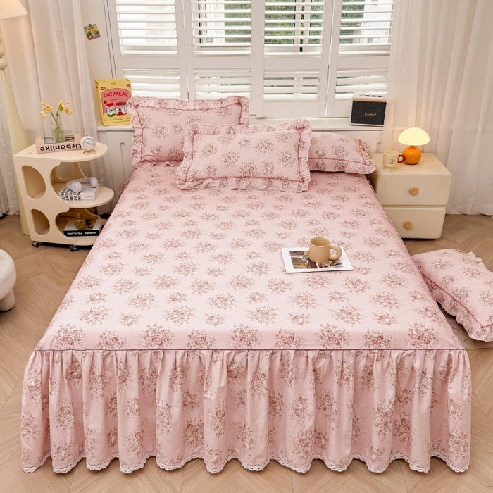 91家纺网 家纺一手货源 找家纺 缦彩 2025新款韩版公主风100%纯棉床裙四件套全棉花边床单床罩套件 清韵-粉