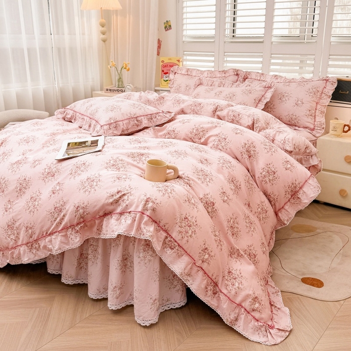 91家纺网 家纺一手货源 找家纺 缦彩 2025新款韩版公主风100%纯棉床裙四件套全棉花边床单床罩套件 清韵-粉