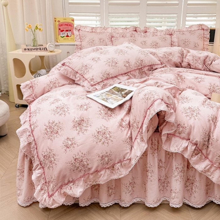 91家纺网 家纺一手货源 找家纺 缦彩 2025新款韩版公主风100%纯棉床裙四件套全棉花边床单床罩套件 清韵-粉