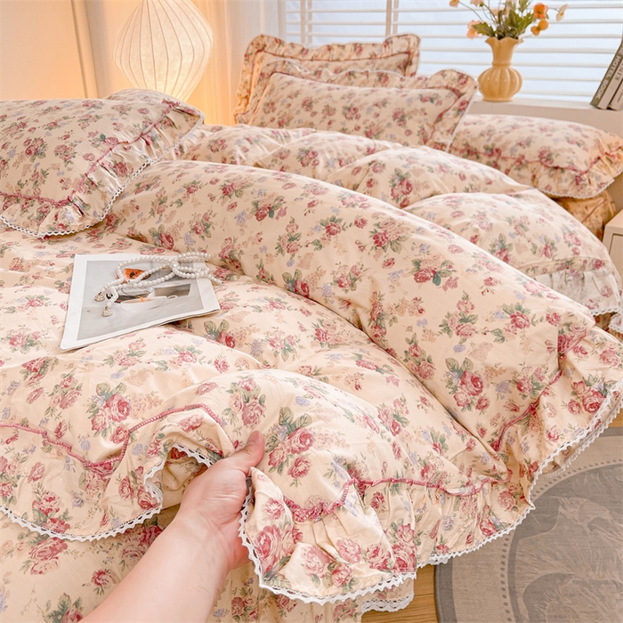 91家纺网 家纺一手货源 找家纺 缦彩 2025新款韩版公主风100%纯棉床裙四件套全棉花边床单床罩套件 蒂芙尼