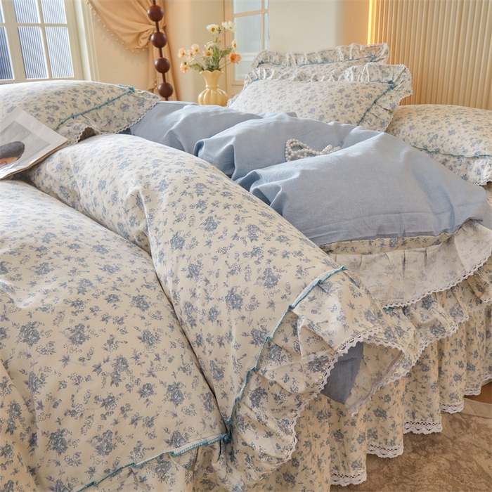 91家纺网 家纺一手货源 找家纺 缦彩 2025新款韩版公主风100%纯棉床裙四件套全棉花边床单床罩套件 海韵花