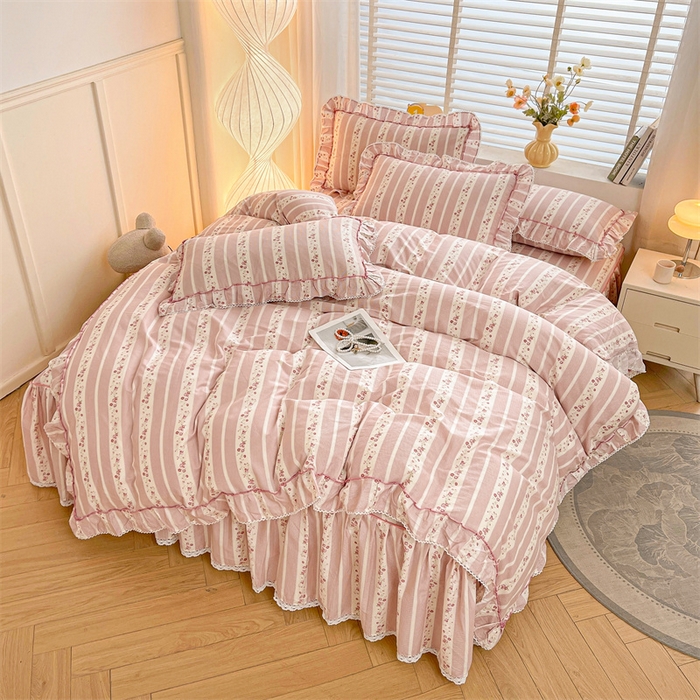 91家纺网 家纺一手货源 找家纺 缦彩 2025新款韩版公主风100%纯棉床裙四件套全棉花边床单床罩套件 多丽粉