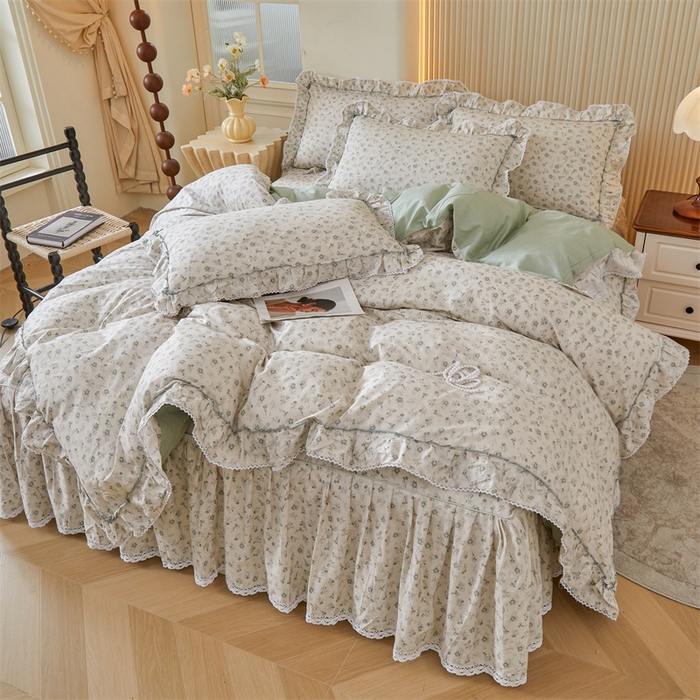 91家纺网 家纺一手货源 找家纺 缦彩 2025新款韩版公主风100%纯棉床裙四件套全棉花边床单床罩套件 春野