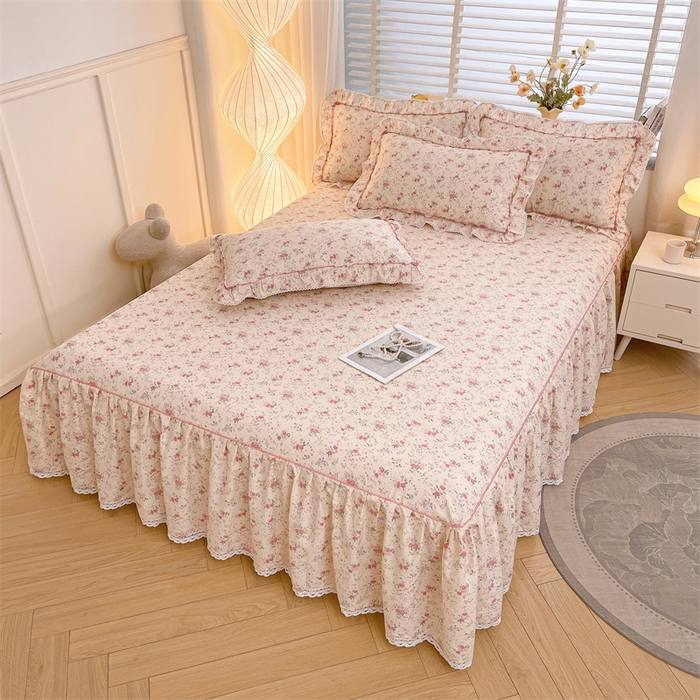 91家纺网 家纺一手货源 找家纺 缦彩 2025新款韩版公主风100%纯棉床裙四件套全棉花边床单床罩套件 雾岛听风