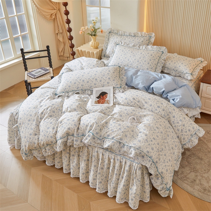 91家纺网 家纺一手货源 找家纺 缦彩 2025新款韩版公主风100%纯棉床裙四件套全棉花边床单床罩套件 海韵花