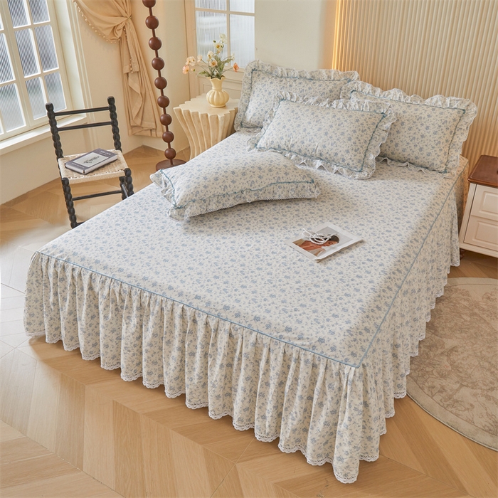 91家纺网 家纺一手货源 找家纺 缦彩 2025新款韩版公主风100%纯棉床裙四件套全棉花边床单床罩套件 海韵花