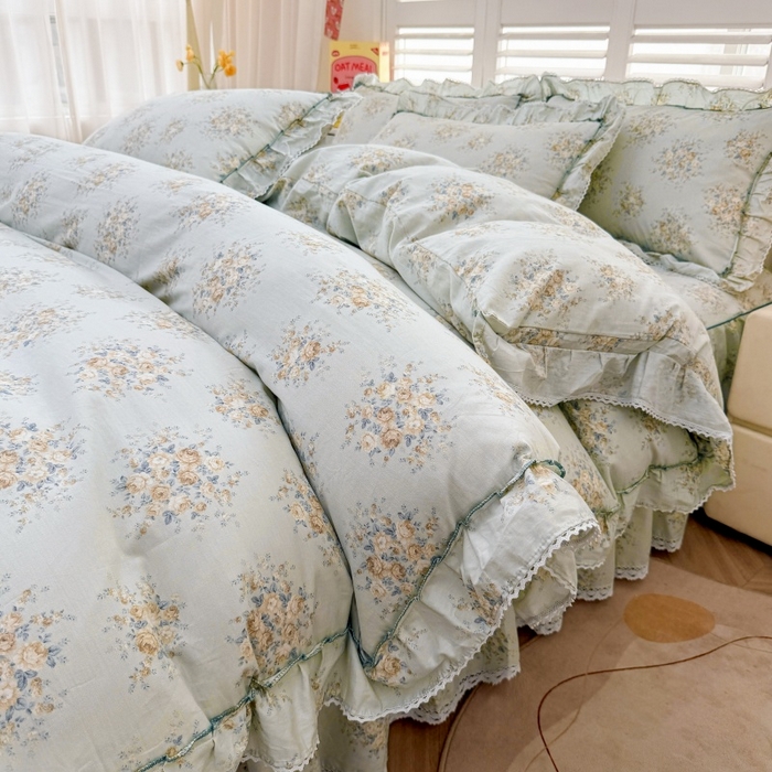 91家纺网 家纺一手货源 找家纺 缦彩 2025新款韩版公主风100%纯棉床裙四件套全棉花边床单床罩套件 清韵-蓝