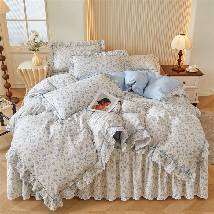 91家纺网 家纺一手货源 找家纺 缦彩 2025新款韩版公主风100%纯棉床裙四件套全棉花边床单床罩套件 海韵花