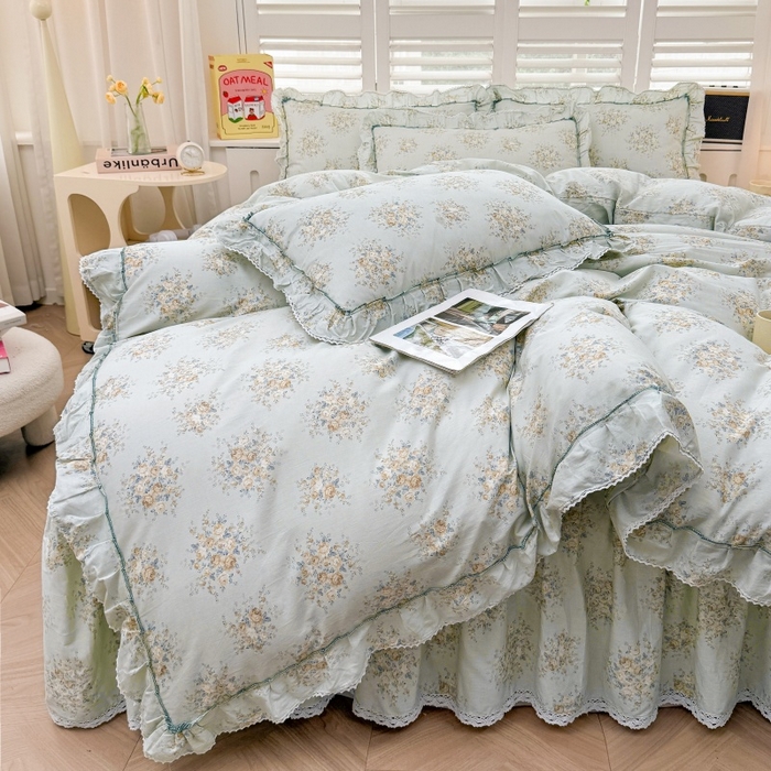 91家纺网 家纺一手货源 找家纺 缦彩 2025新款韩版公主风100%纯棉床裙四件套全棉花边床单床罩套件 清韵-蓝