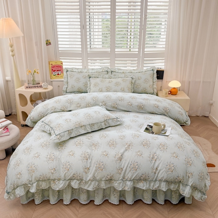 91家纺网 家纺一手货源 找家纺 缦彩 2025新款韩版公主风100%纯棉床裙四件套全棉花边床单床罩套件 清韵-蓝