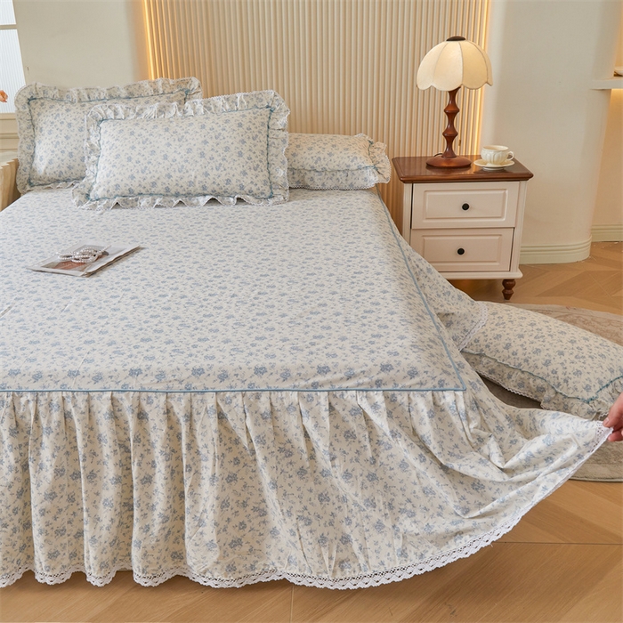 91家纺网 家纺一手货源 找家纺 缦彩 2025新款韩版公主风100%纯棉床裙四件套全棉花边床单床罩套件 海韵花