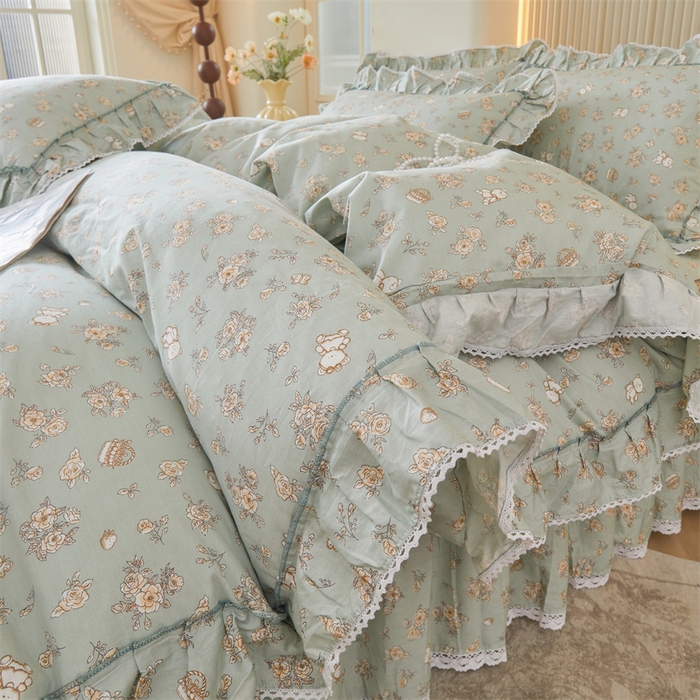 91家纺网 家纺一手货源 找家纺 缦彩 2025新款韩版公主风100%纯棉床裙四件套全棉花边床单床罩套件 贝丽花都