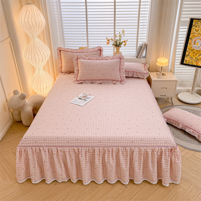 91家纺网 家纺一手货源 找家纺 缦彩 2025新款韩版公主风100%纯棉床裙四件套全棉花边床单床罩套件 卡曼粉