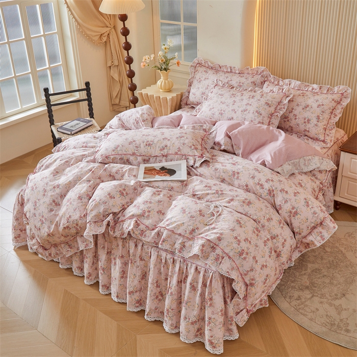 91家纺网 家纺一手货源 找家纺 缦彩 2025新款韩版公主风100%纯棉床裙四件套全棉花边床单床罩套件 缤纷绮梦
