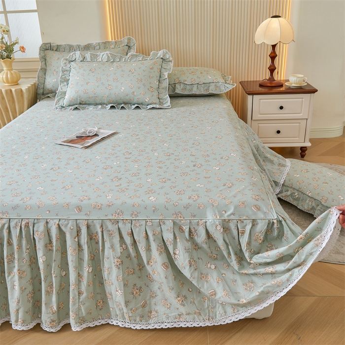 91家纺网 家纺一手货源 找家纺 缦彩 2025新款韩版公主风100%纯棉床裙四件套全棉花边床单床罩套件 贝丽花都