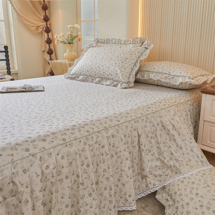 91家纺网 家纺一手货源 找家纺 缦彩 2025新款韩版公主风100%纯棉床裙四件套全棉花边床单床罩套件 春野