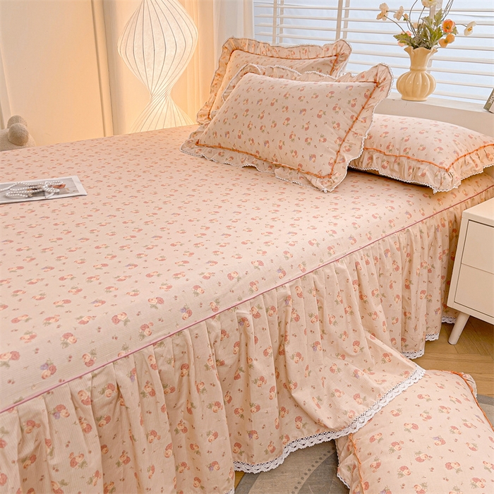 91家纺网 家纺一手货源 找家纺 缦彩 2025新款韩版公主风100%纯棉床裙四件套全棉花边床单床罩套件 沫沫小姐桔