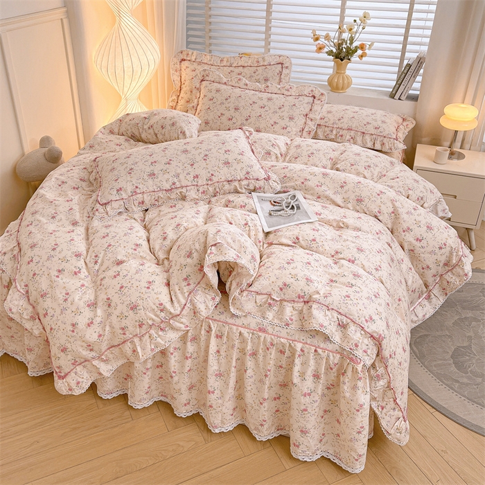 91家纺网 家纺一手货源 找家纺 缦彩 2025新款韩版公主风100%纯棉床裙四件套全棉花边床单床罩套件 雾岛听风