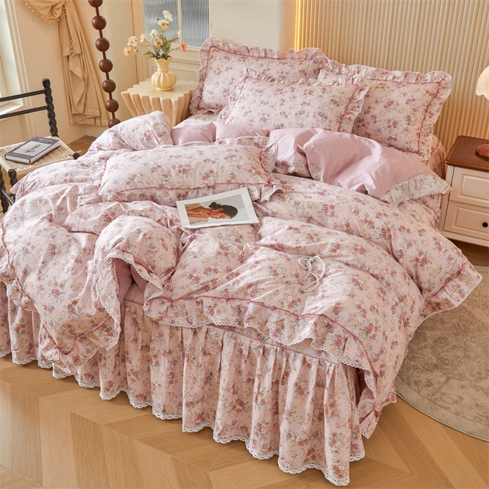 91家纺网 家纺一手货源 找家纺 缦彩 2025新款韩版公主风100%纯棉床裙四件套全棉花边床单床罩套件 缤纷绮梦