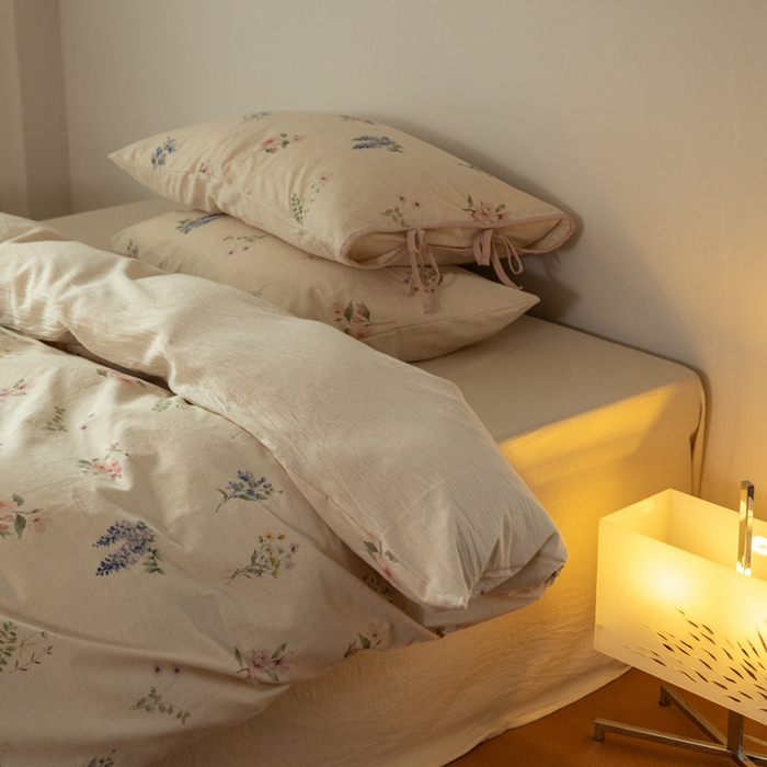 91家纺网 家纺一手货源 找家纺 山舍家居 2025新款竹节棉麻印花工艺款四件套 粉黛略施