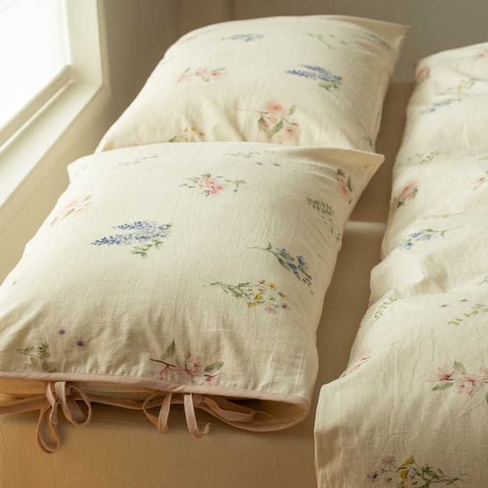 91家纺网 家纺一手货源 找家纺 山舍家居 2025新款竹节棉麻印花工艺款四件套 粉黛略施