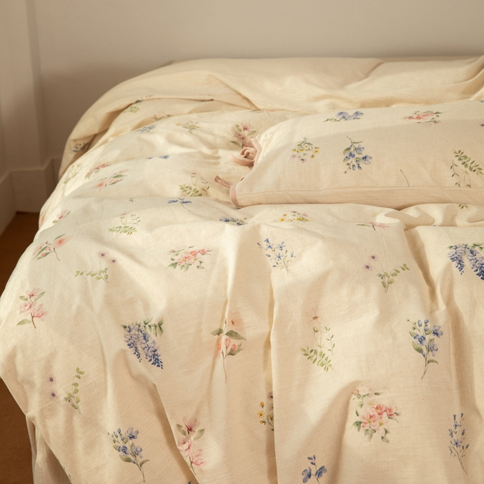 91家纺网 家纺一手货源 找家纺 山舍家居 2025新款竹节棉麻印花工艺款四件套 粉黛略施