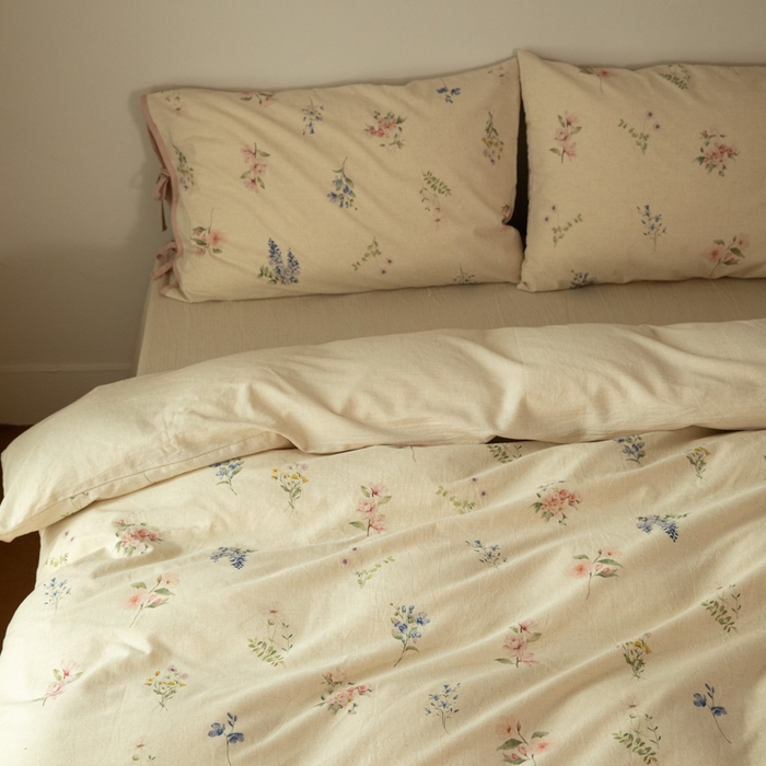 91家纺网 家纺一手货源 找家纺 山舍家居 2025新款竹节棉麻印花工艺款四件套 粉黛略施