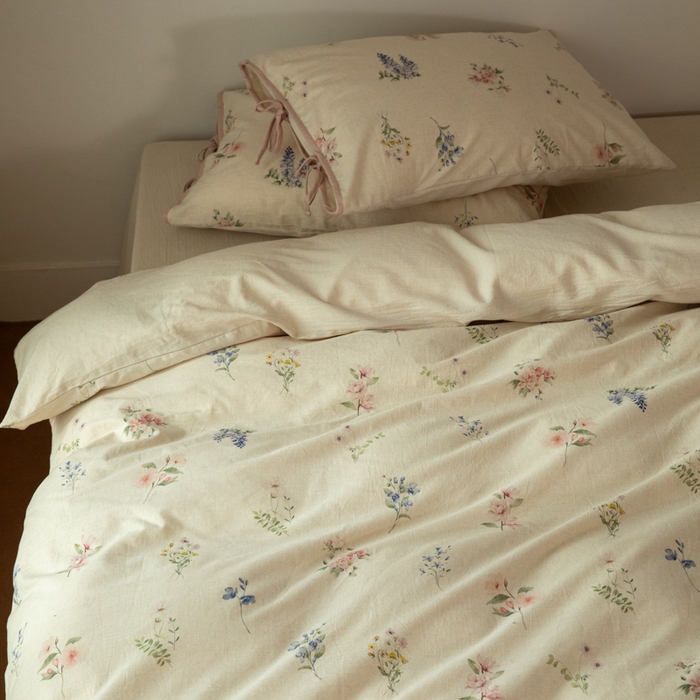 91家纺网 家纺一手货源 找家纺 山舍家居 2025新款竹节棉麻印花工艺款四件套 粉黛略施