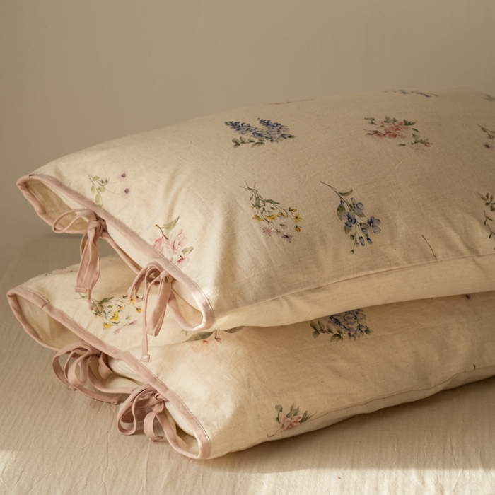 91家纺网 家纺一手货源 找家纺 山舍家居 2025新款竹节棉麻印花工艺款四件套 粉黛略施