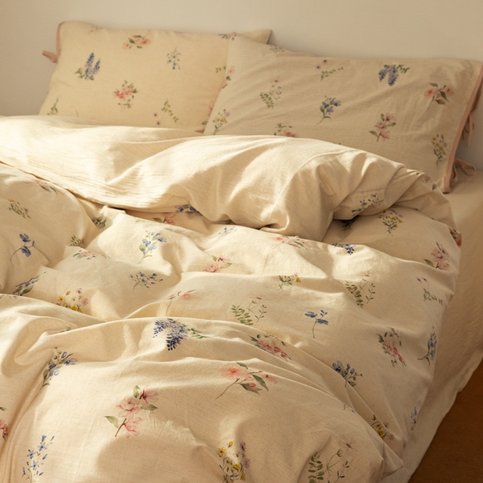 山舍家居 2025新款竹节棉麻印花工艺款四件套 粉黛略施