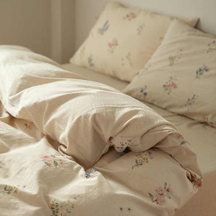 91家纺网 家纺一手货源 找家纺 山舍家居 2025新款竹节棉麻印花工艺款四件套 粉黛略施