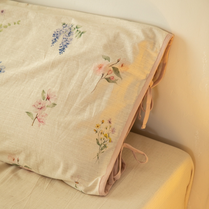 91家纺网 家纺一手货源 找家纺 山舍家居 2025新款竹节棉麻印花工艺款四件套 粉黛略施