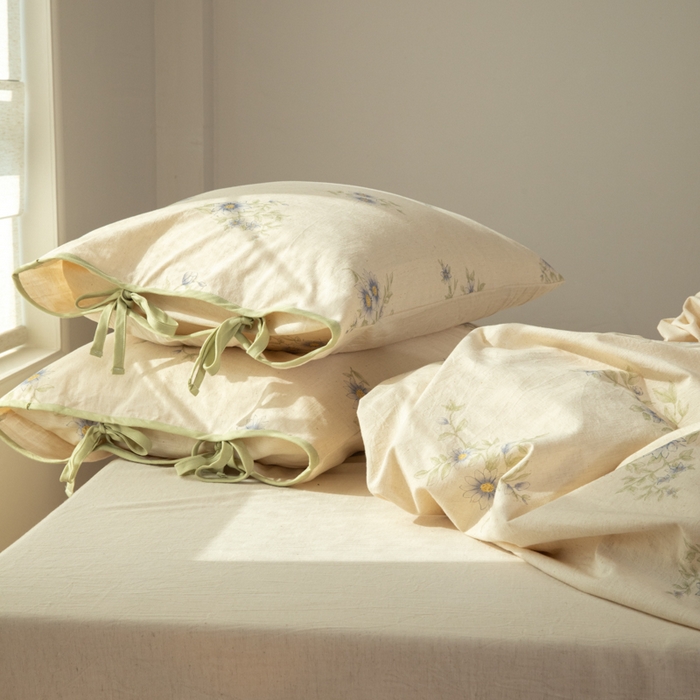 91家纺网 家纺一手货源 找家纺 山舍家居 2025新款竹节棉麻印花工艺款四件套 青珀时间海