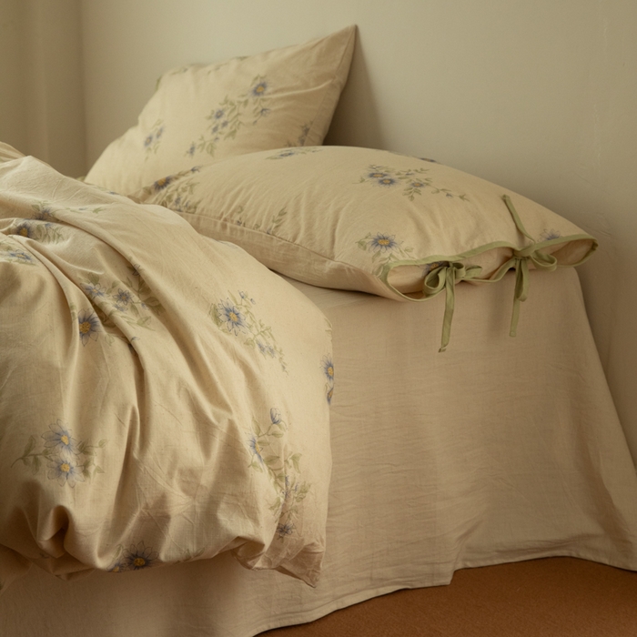 91家纺网 家纺一手货源 找家纺 山舍家居 2025新款竹节棉麻印花工艺款四件套 青珀时间海