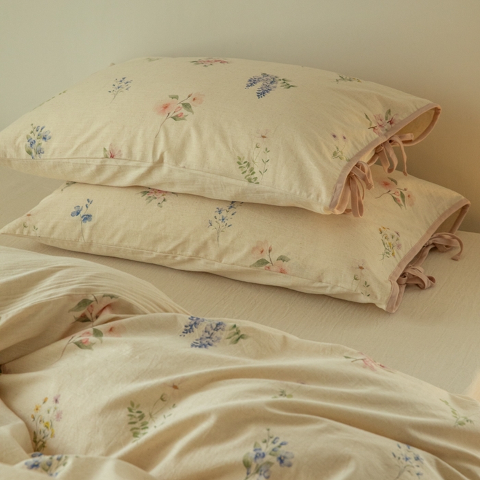 91家纺网 家纺一手货源 找家纺 山舍家居 2025新款竹节棉麻印花工艺款四件套 粉黛略施