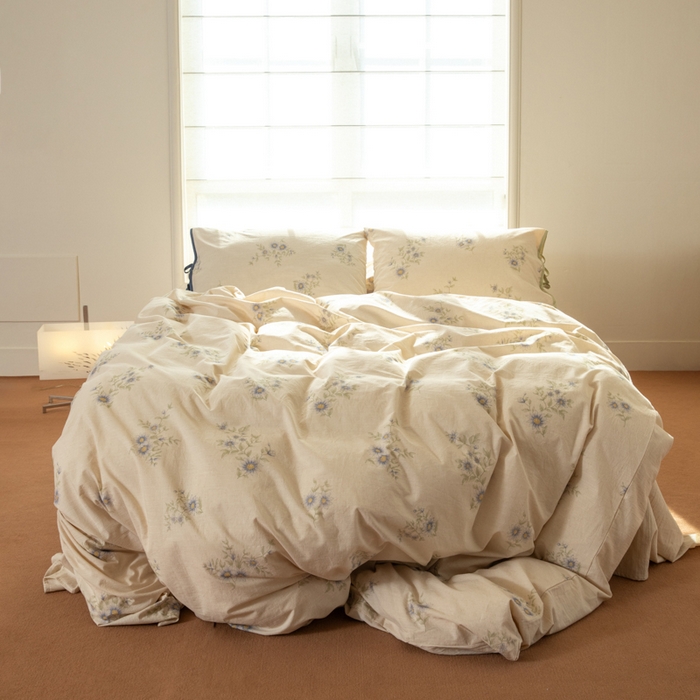 91家纺网 家纺一手货源 找家纺 山舍家居 2025新款竹节棉麻印花工艺款四件套 青珀时间海